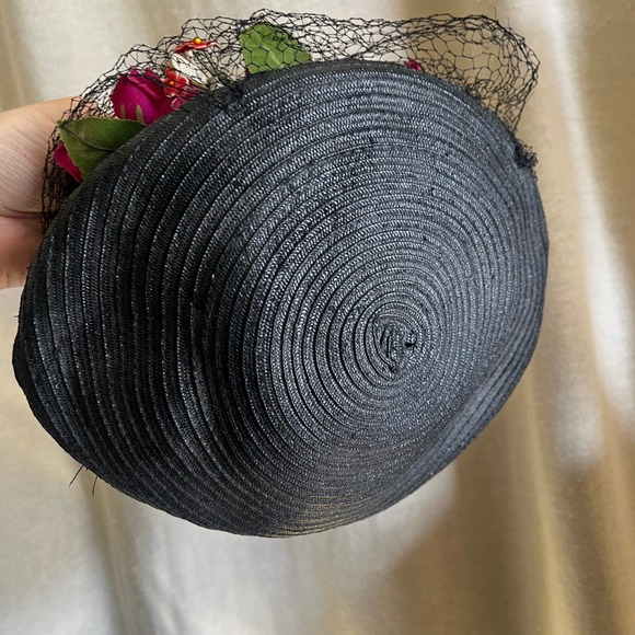 Vintage Black Floral Veil Cocktail Hat‎ Fascinator S/M 1950s 60s main image 8